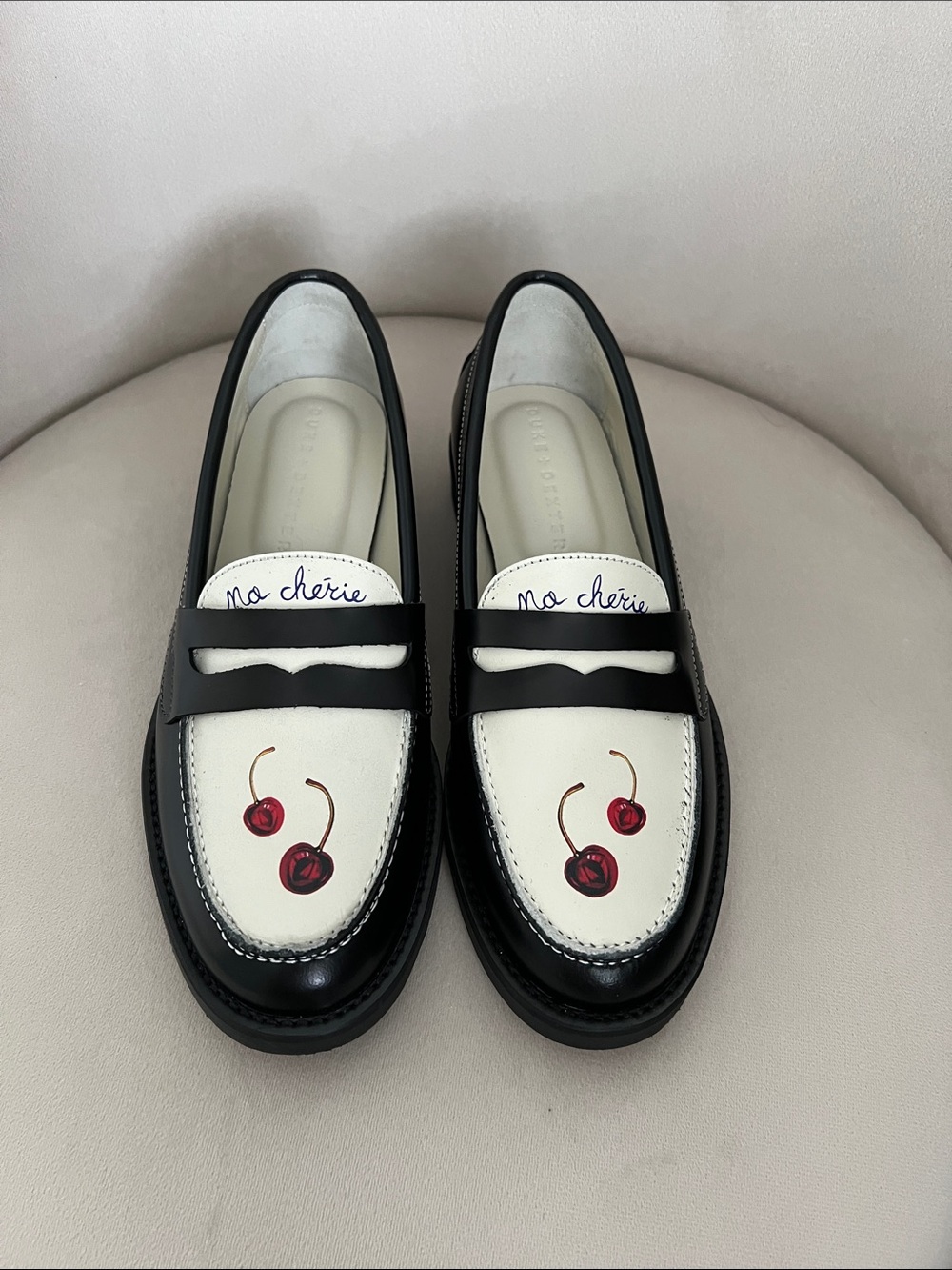 Brand new Duke + Dexter Ma Chérie Black and White Cherry-Accent Leather Loafers